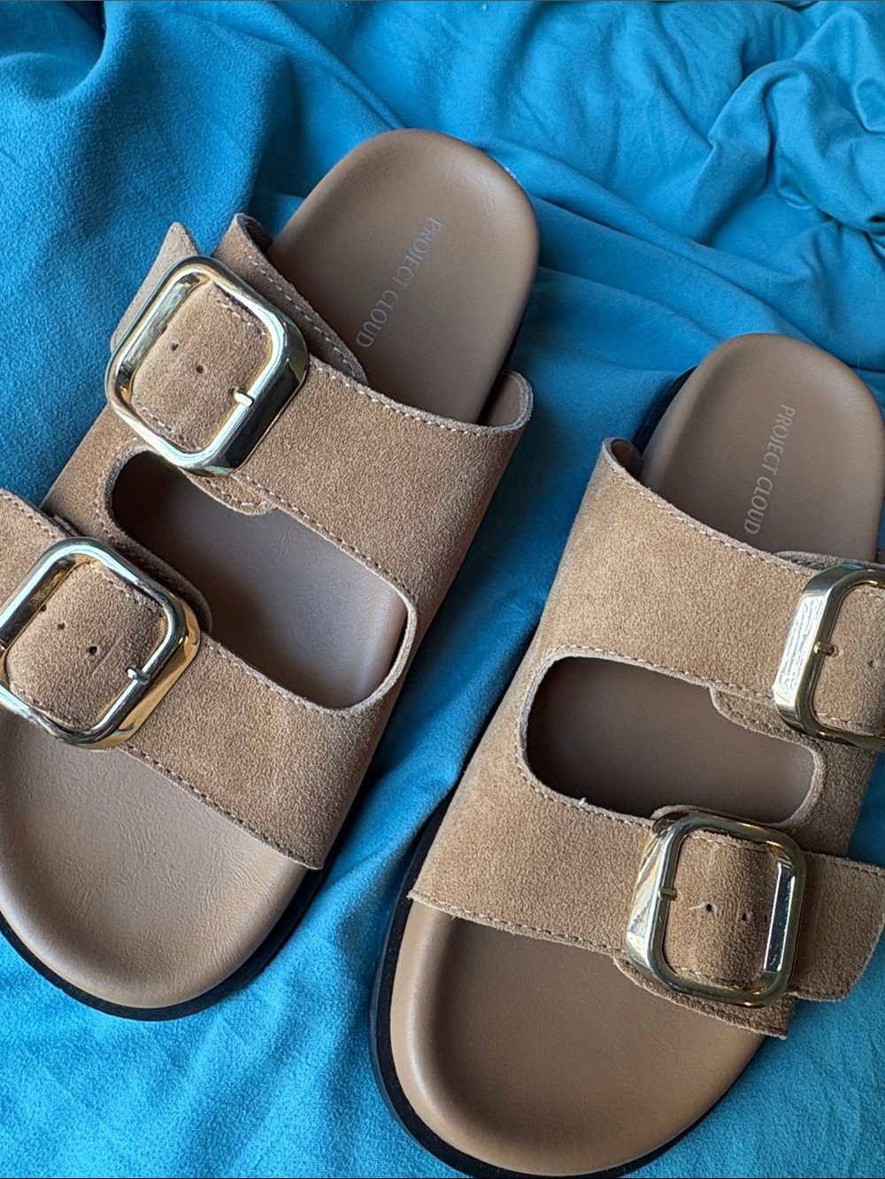 Protect Cloud Women's Tan Suede Double-Buckle Slide Sandals